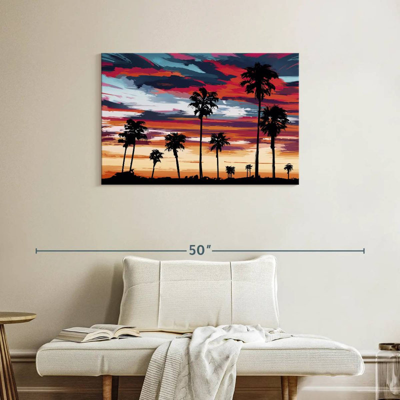 Silhouette de palmiers au coucher du soleil, H 24 po x l 36 po