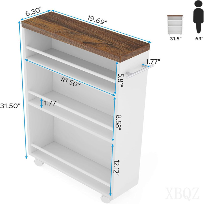 20" Slim Storage Cart – 4-Tier Narrow Rolling Kitchen Utility Cart with Wheels & Handle, Skinny Laundry Room Organizer, Slide Out Pantry Shelf for Small Spaces, Bathroom – Brown & White Finish