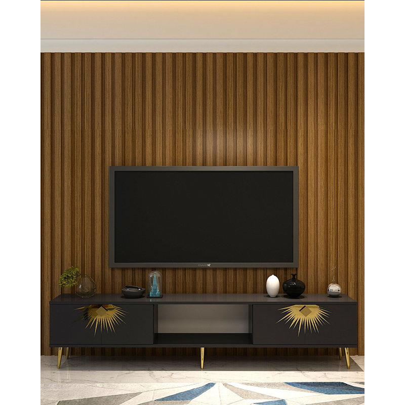 Meuble télé moderne avec option de fixation murale, anthracite et or, 59,1 po x 15,9 po x 11,6 po | 100% panneau de particules enduit de mélamine, épaisseur: 0,7 pouce | Design élégant pour le salon et les espaces de divertissement