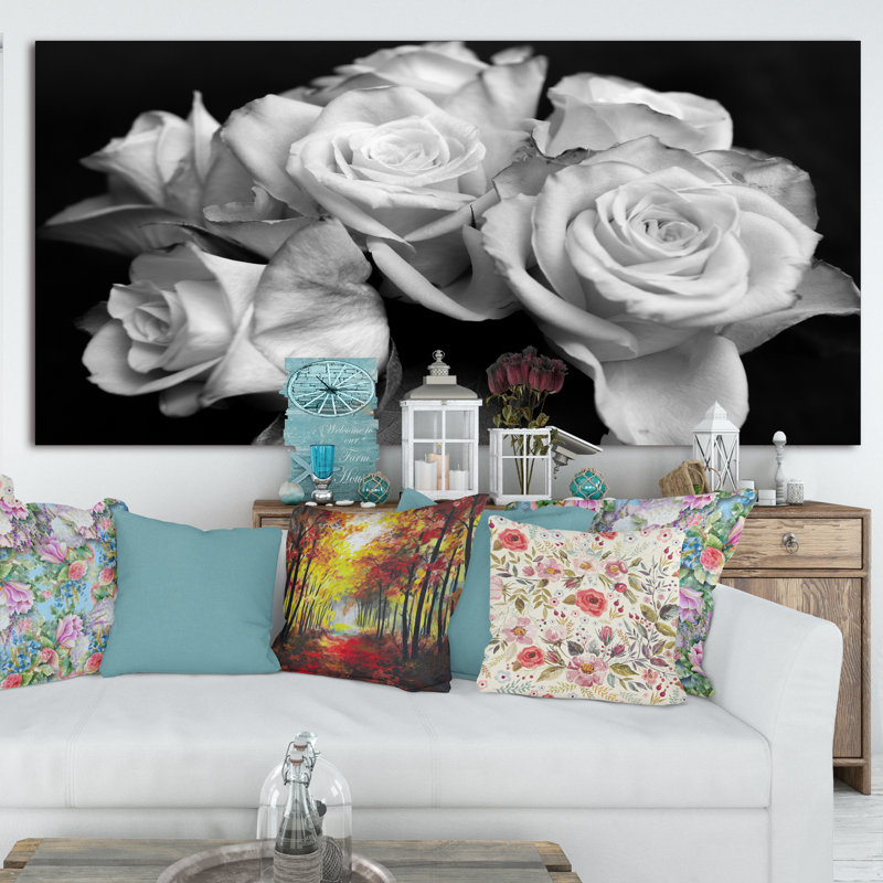 «Bunch of Roses Black and White», reproduction d'art sur toile florale, H 28 po x l 60 po, Toile tendue