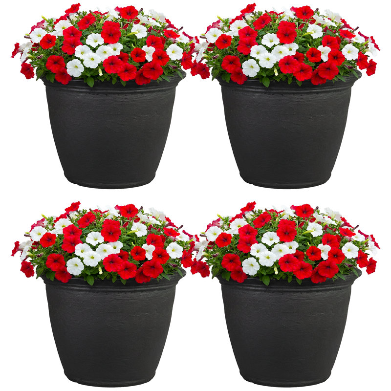 Anjelica Polyresin Large Round Outdoor Planter - 20" - Matte Black - Set of 4, Matte Black, 16" H x 20" W x 20" D