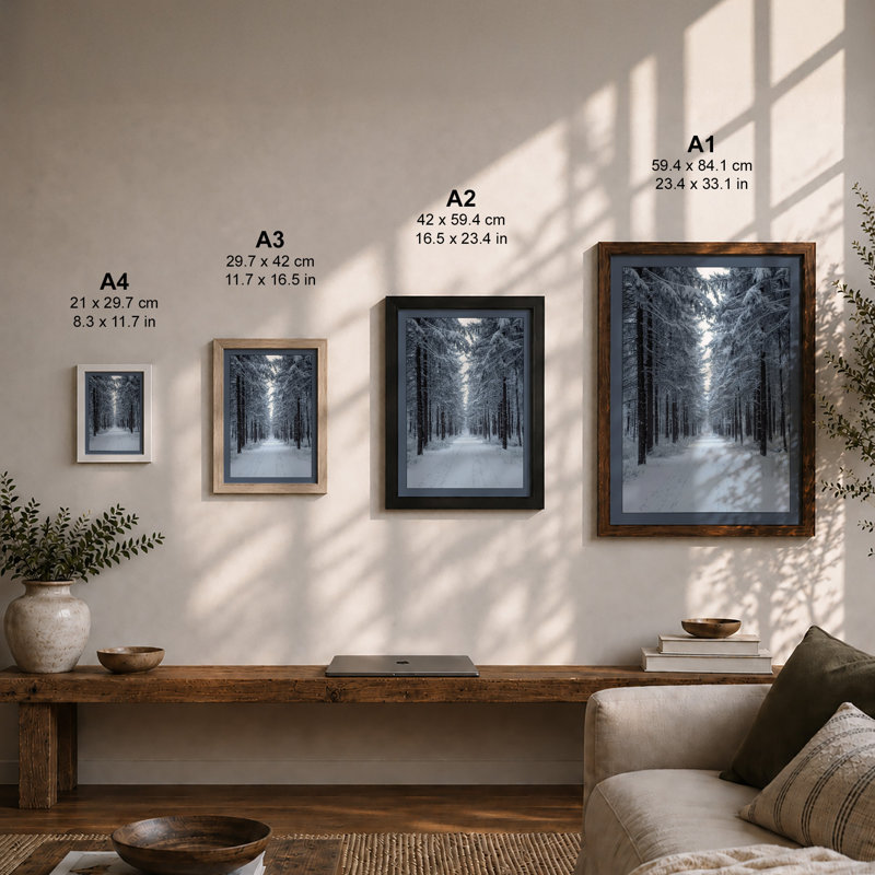 Snow-Lined Forest Path Scandinavian - Print, A3 - 42.0 x 29.7 cm, White