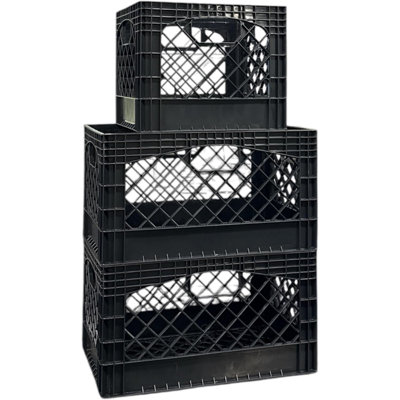 Juggernaut Storage: Milk Crate 3pk Bundle - 16Qt & (2) 24Qt - Multi-Purpose Storage Solution, Stackable Organization Bins, Built-In Handles