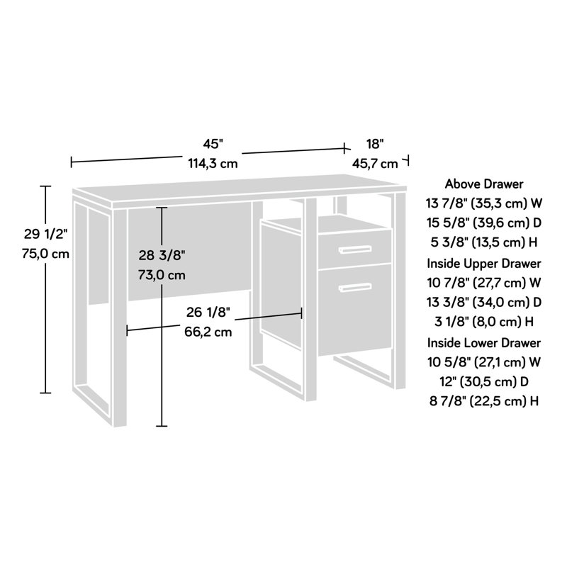 Bureau brun foncé pour la salle de bricolage et les tâches d'écriture, productivité compacte à un seul piédestal, tiroir de rangement avec butées en métal, cadre argenté de style moderne au fini noir, tiroir coulissant lisse,