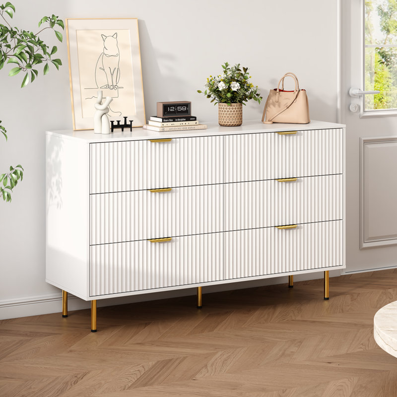 White 56" Wide 6 Drawers Dresser For Bedroom, Modern Wood Chest Of Drawers, White