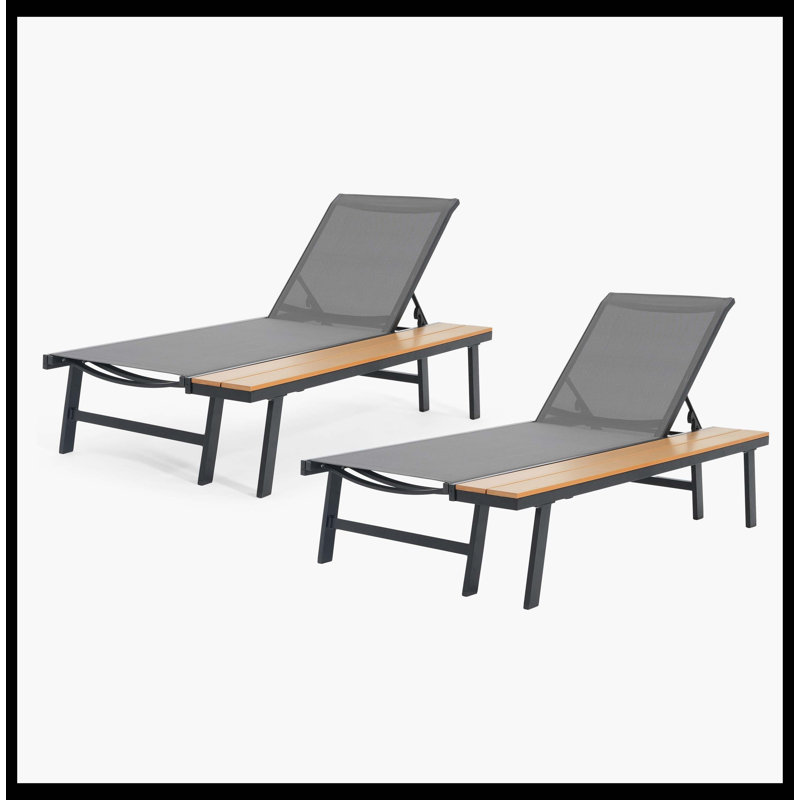 Outdoor Chaise Lounge Chair With Attached Wood Side Table, Set Of 2 Durable Recliners, Weather-Resistant For Patio & Poolside