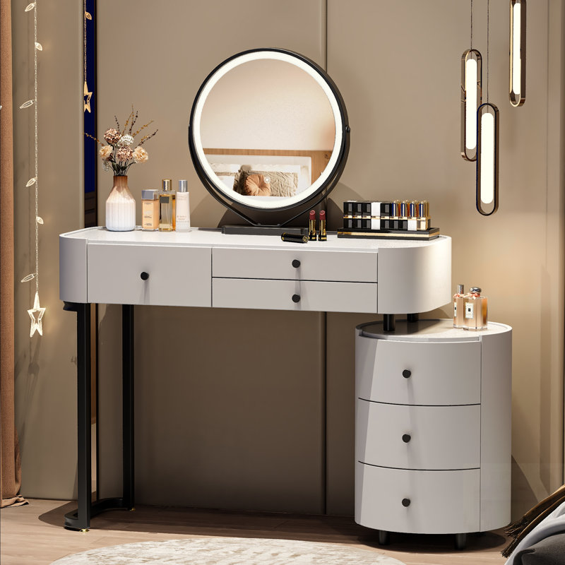 Modern Minimalist Dressing Table With Detachable Mirror And Rotatable Side Cabinet, Easy Assembly Vanity
