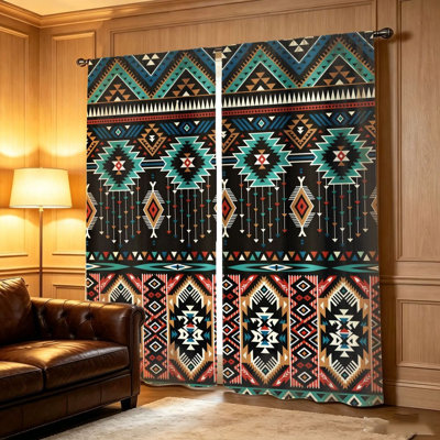 2Pcs Southwestern Boho Curtains, Geometric Tribal Pattern, Vintage Aztec Print, Room Darkening, Light Filtering, Privacy Protection, Rod Pocket, for Living Bedroom Balcony Kitchen Decor