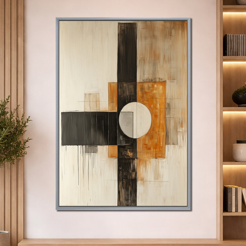 Faustina V - Affiche géométrique encadrée abstraite, H 60 po x l 40 po, Encadrement argenté
