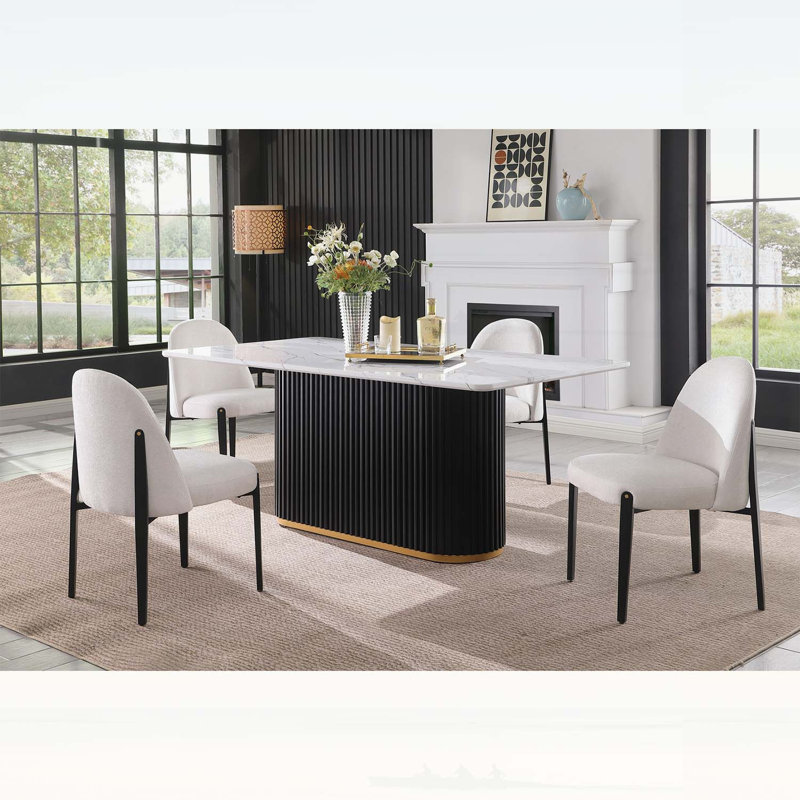 Table de salle à manger rectangulaire de 175 cm (69 pouces) en faux marbre avec piètement en métal noir ondulé et bordure dorée, pour 4 à 6 personnes, idéale pour une cuisine ou une salle à manger élégante.