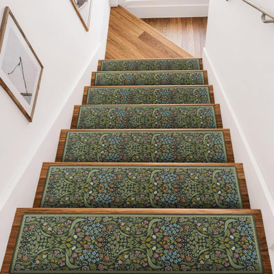Stair Treads Non-Slip Stair Runner for Wooden Steps Indoor 15PC 30"x8" | Carpet Stair Treads Floral Stair Mats Staircase Step Treads for Kids, Elders and Dogs, Stair Covers, Green