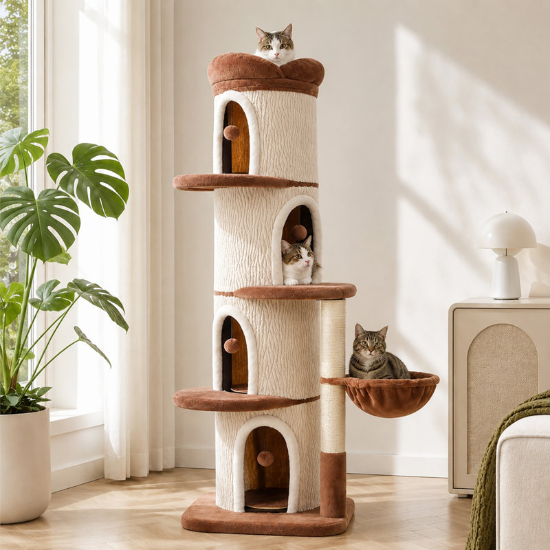 Arbre à chat beige à motif léopard de 174 cm avec 4 niches, Beige