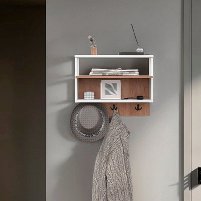 White And Natural Oak Wall-Mounted Organizer With Open Storage, Perfect For Modern Entryways And Living Areas
