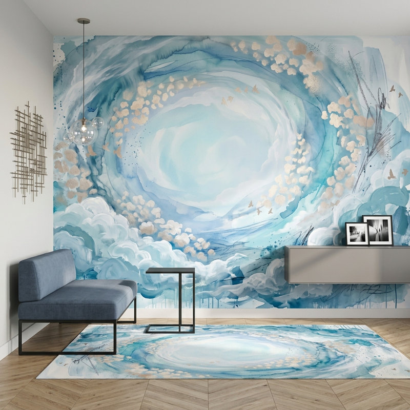 Abstrait aquarelle tourbillon aquarelle tourbillon de ciel bleu vortex mural, 120 po x 96 po, Peler et coller