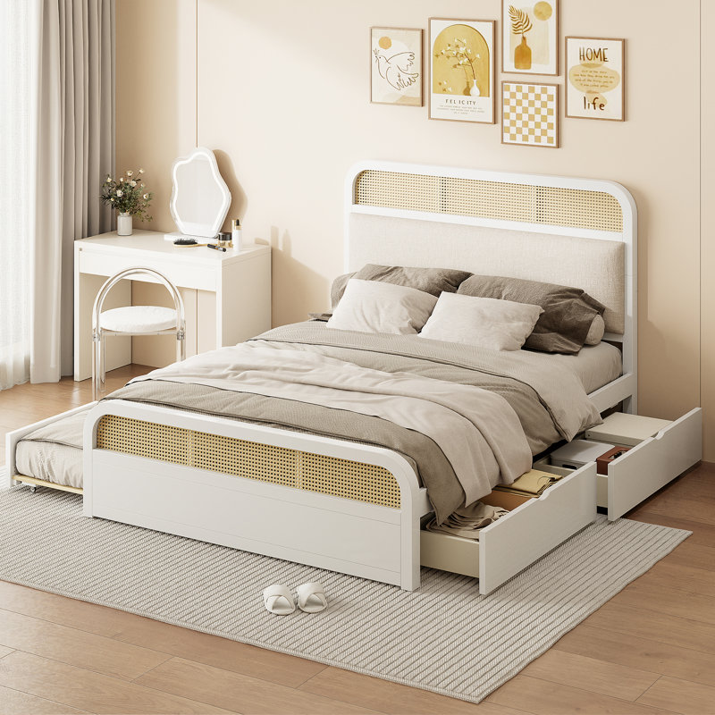 Grand lit plateforme en bois avec lit gigogne et 2 tiroirs, Blanc