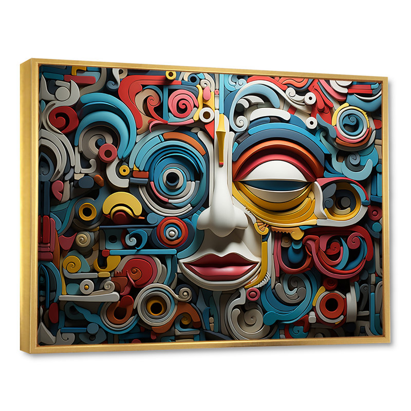 Masque géométrique d'art mexicain, reproduction sur toile, Cadre flottant doré, H 34 po x l 44 po x P 1,5 po