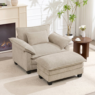 Chaise d'appoint moderne surdimensionnée en chenille avec repose-pieds, ensemble de canapé simple à assise profonde 2 pièces et chaise longue