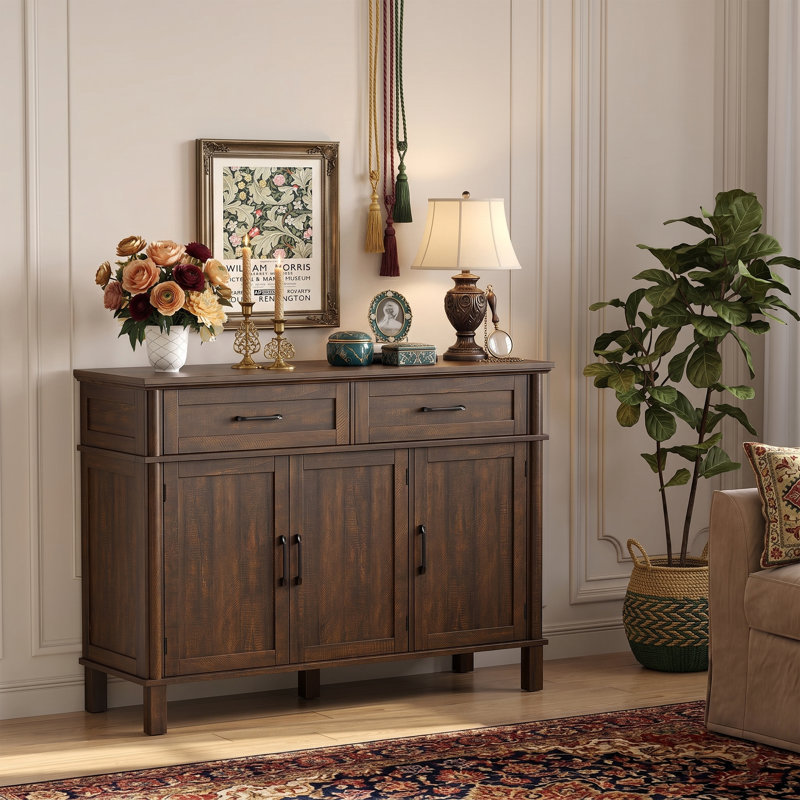 Buffet 47,2 "de large avec 2 tiroirs - Console noire avec tablettes réglables - Crédence de rangement à 3 portes - 5 pieds renforcés