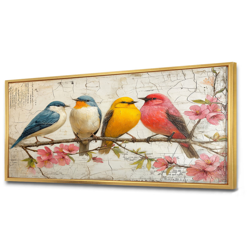 Rose, rose, oiseaux, branche, relaxation II, art mural, salon, Cadre flottant doré, H 28 po x l 60 po