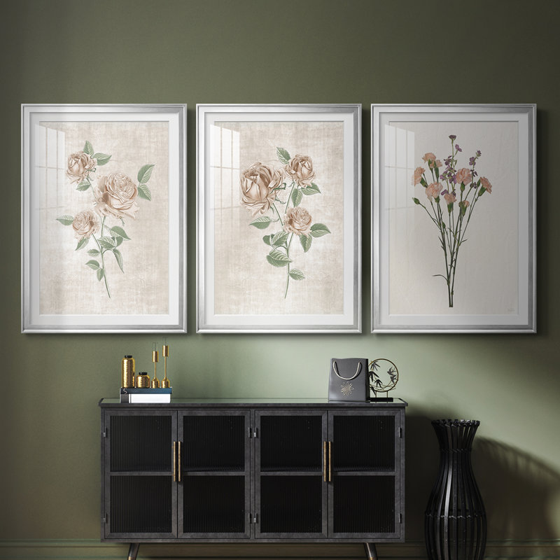 Blush Rose Botanical I - impression sur mesure encadrée de qualité supérieure - 3 pièces, Silver, H 21 po x l 30 po