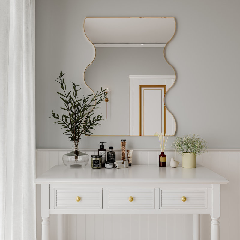 Miroir rectangulaire de 30 po x 35 po avec cadre en métal doré et 2 côtés ondulés - Mur pour chambre à coucher, salon, cadre de décoration de salle de bain et meuble-lavabo