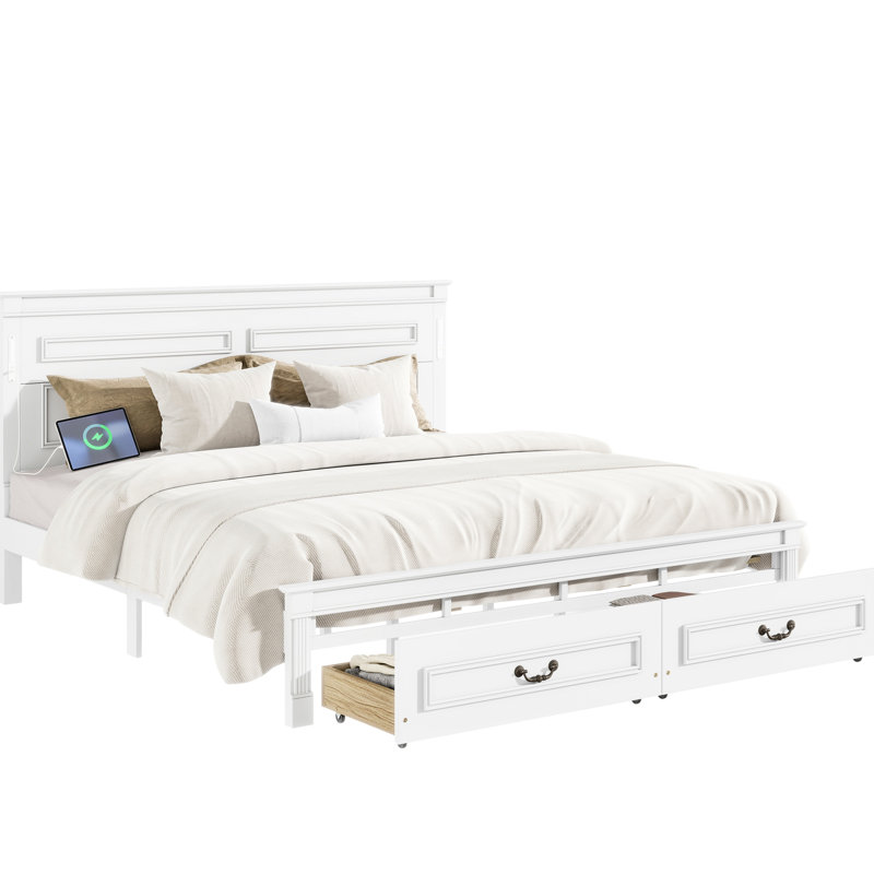 King Size Bed With Tall Panel Headboard, , 2 Storage Drawers, Led Lights, Charging, Walnut Pinewood For Bedroom Warmth Charging
