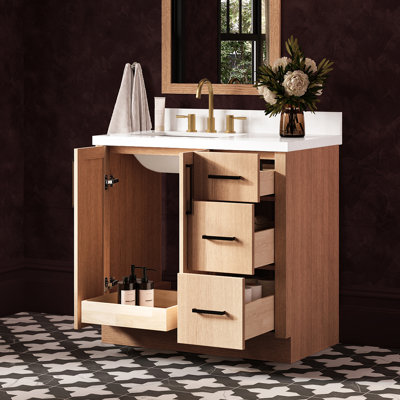   Kayleigh 37 Inch Left Offset Single Rectangle Sink Bathroom Vanity with Pure White Quartz Countertop 1.5 Inch in Natural Oak