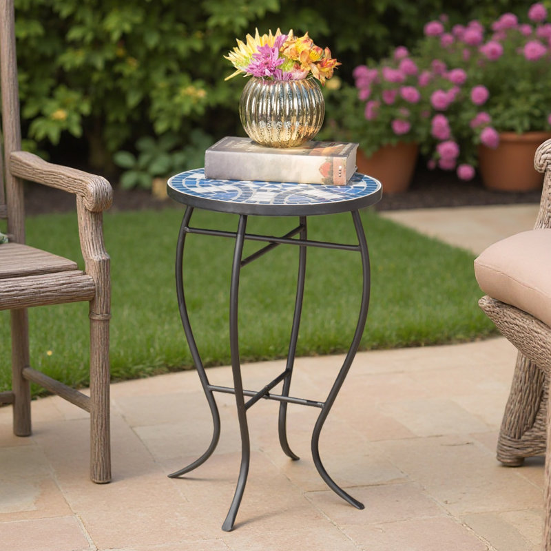 Outdoor Round Side Table With Mosaic-Style Top And Curved Iron Legs, End Table