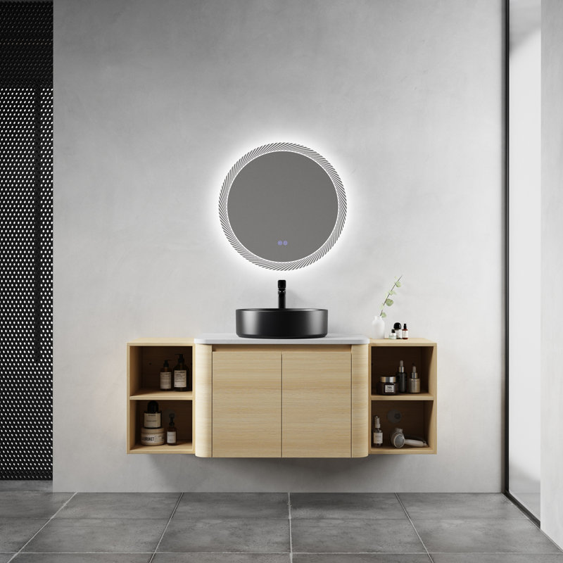 Meuble-lavabo mural de 54 po avec lavabo d'art en céramique, 2 tablettes de rangement et portes à fermeture en douceur, peu encombrant et élégant