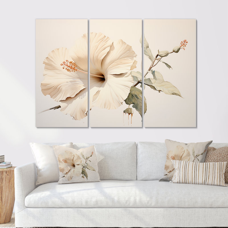Beige minimalisme Hibiscus Wonder I - ensemble de reproductions d'art mural Hibiscus, H 32 po x l 48 po x P 1 po