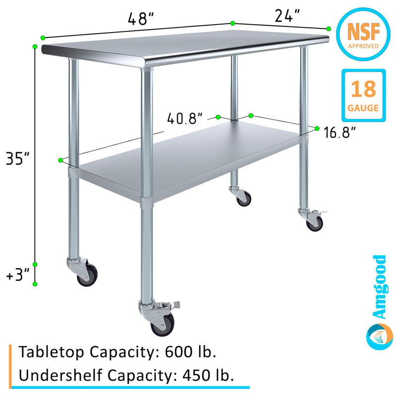 Table en acier inoxydable avec roulettes, H 38 po x L 48 po x l 24 po