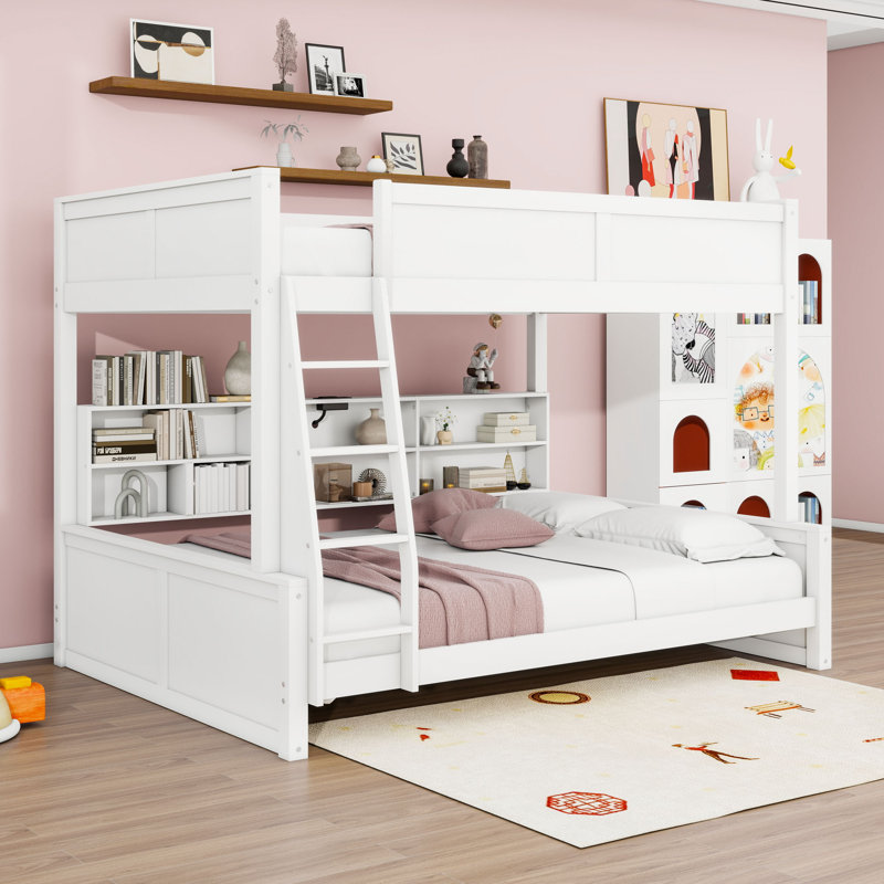 Lit superposé en bois avec rangement et ports USB, Full XL Over Queen, Blanc antique