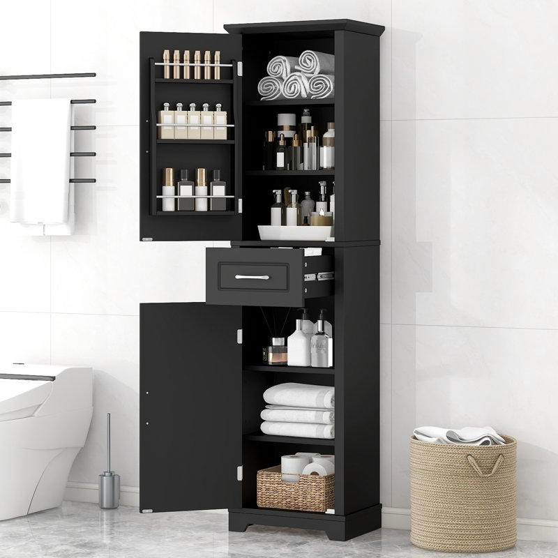 Tall Freestanding Bathroom Storage Cabinet With Two Doors, Adjustable Shelves, And Door Shelve Design, MDF Board With Painted Finish