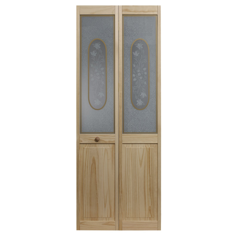 Unfinished Pine Bifold Door with Brass Trim and Patterned Glass