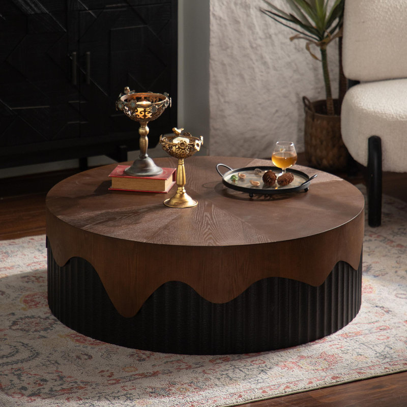Table basse 38,97 "ronde en bois faite à la main à relief robuste pour salon, H 12,99 po x L 38,97 po x l 38,97 po