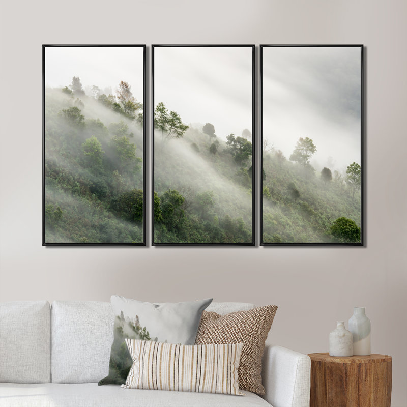 Mystical Foggy Mountain Slope - Ensemble d'art mural sur toile encadré paysage, Noir, H 28 po x l 36 po x P 1 po