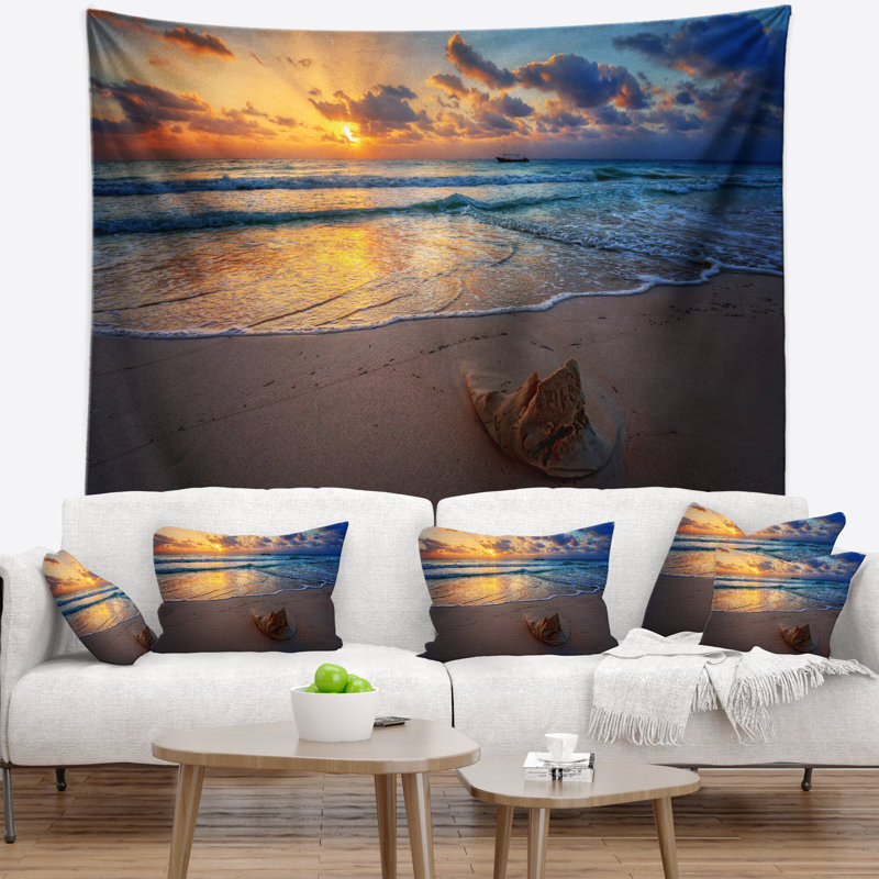 Tapisserie côtière tranquille au coucher du soleil, H 50 po x l 60 po