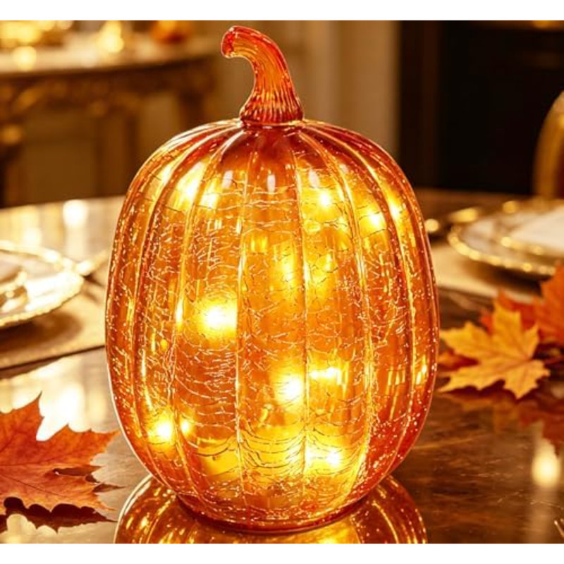 Décorations d'automne pour la maison, lumière de citrouille en verre craquelé avec minuterie, lampe de citrouille à DEL à pile, veilleuses en verre illuminées, idéal pour Halloween, décor rustique de l'Action de grâce, décoration de Noël