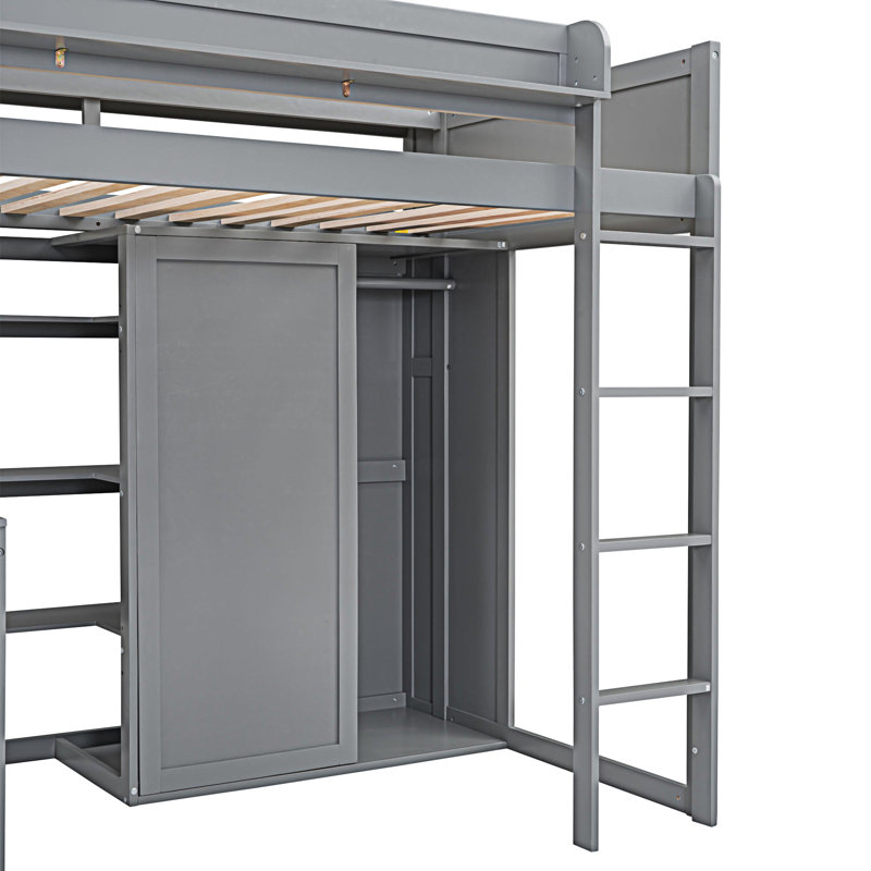Lit mezzanine en bois avec plusieurs tablettes de rangement et garde-robe, Gris