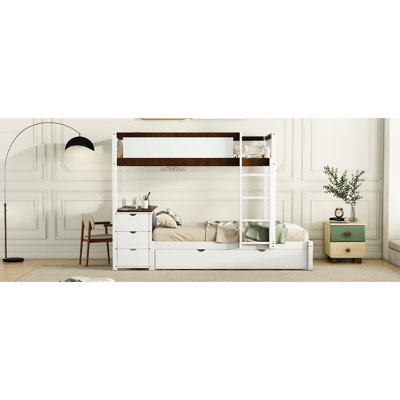 Lit superposé Twintwin avec ports, bureau et rangement en blanc et noyer pour une utilisation