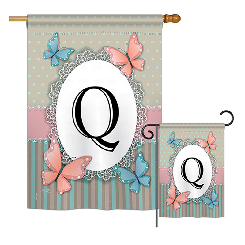 « papillons a initials », drapeau de jardin initial et grenouilles, ensemble de 2 côtés en polyester vertical décoratif, Q