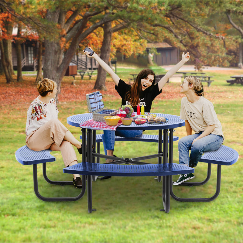 Table de pique-nique en métal avec trou pour parasol Ridenour, Bleu
