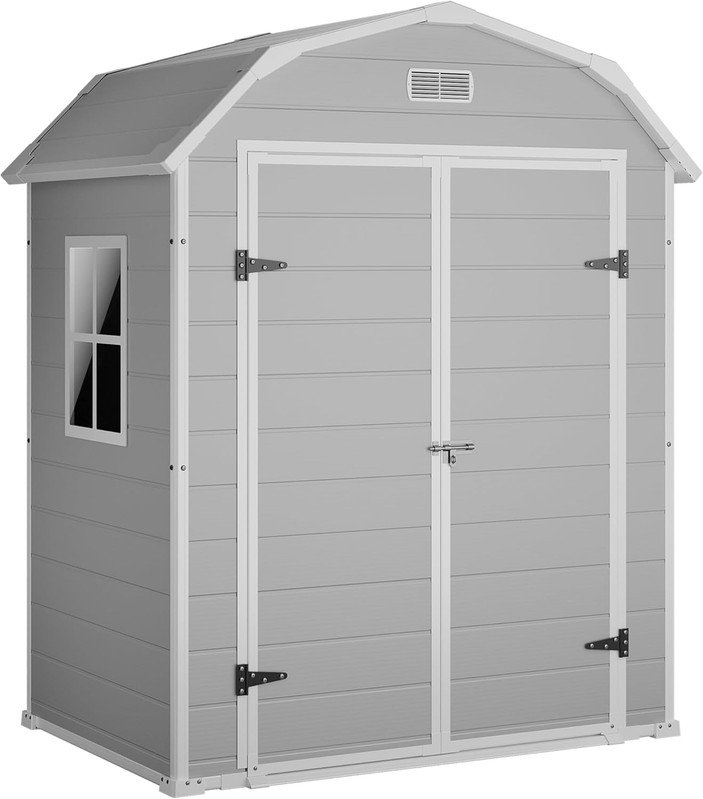 6 x 4 FT Resin Tool Shed with Lockable Door & Ramp, Waterproof Outdoor Storage Shed with Floor, Window & Vents for Patio, Garden, Backyard