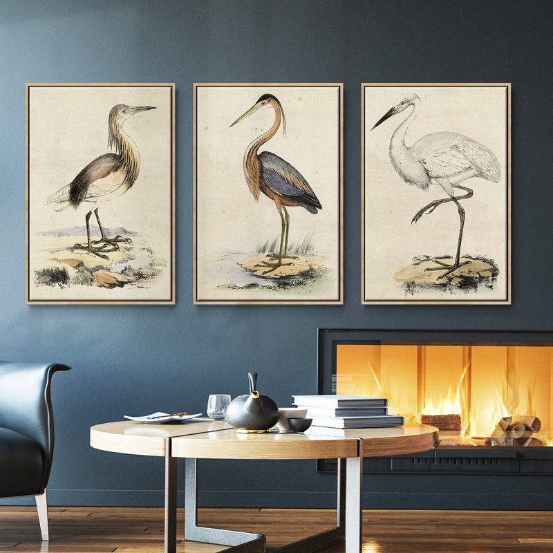 Antique Heron I, ensemble de 3 toiles encadrées sur toile, H 27 po x l 54 po, Naturel