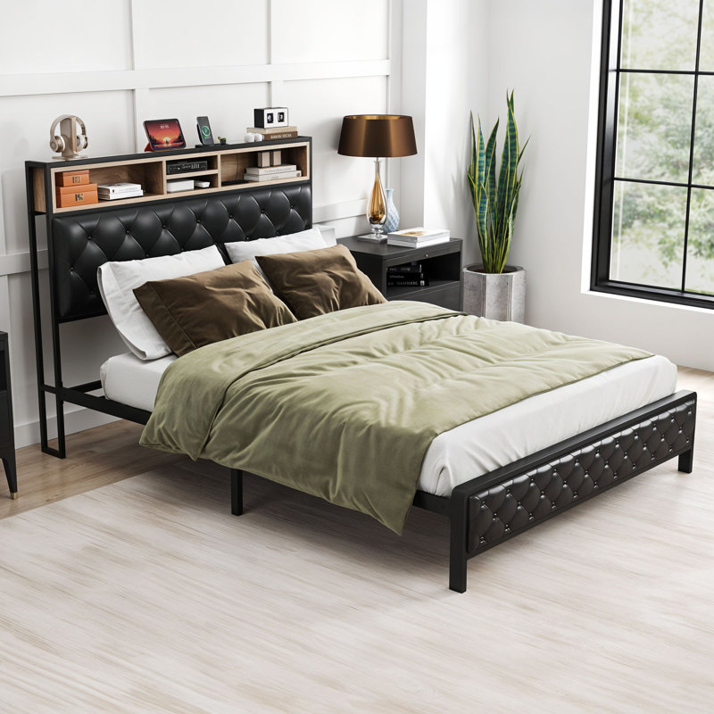 Naumann Upholstered Bookcase Storage Bed, Queen, Black