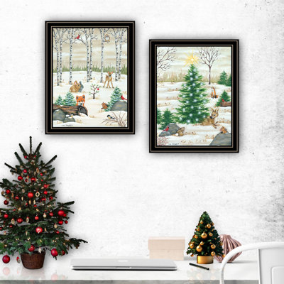 2 Woodland "critters For Christmas" Wall Art, Black Framed, Living Room & Bedroom Decoration Part, Wood Paper Decoration, Styling, Made Of Quality