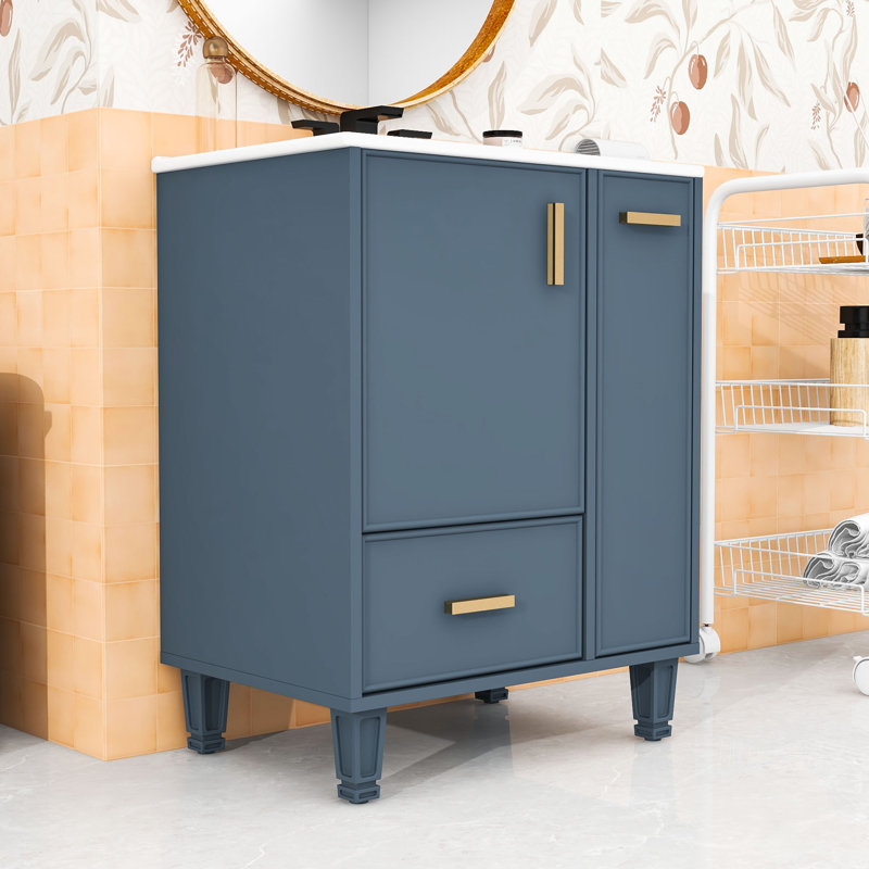 Meuble-lavabo de salle de bain avec lavabo, tiroir profond et panier coulissant à 2 niveaux