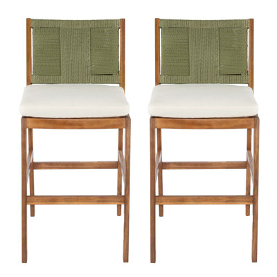 Ensemble de 2 tabourets de bar d'extérieur en bois d'acacia, chaises de bar à hauteur de patio en teck avec coussin