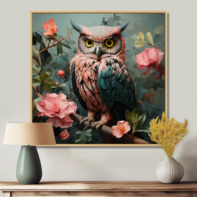 Bleu et rose, hiboux, regard, forêt florale II - hibou, art mural