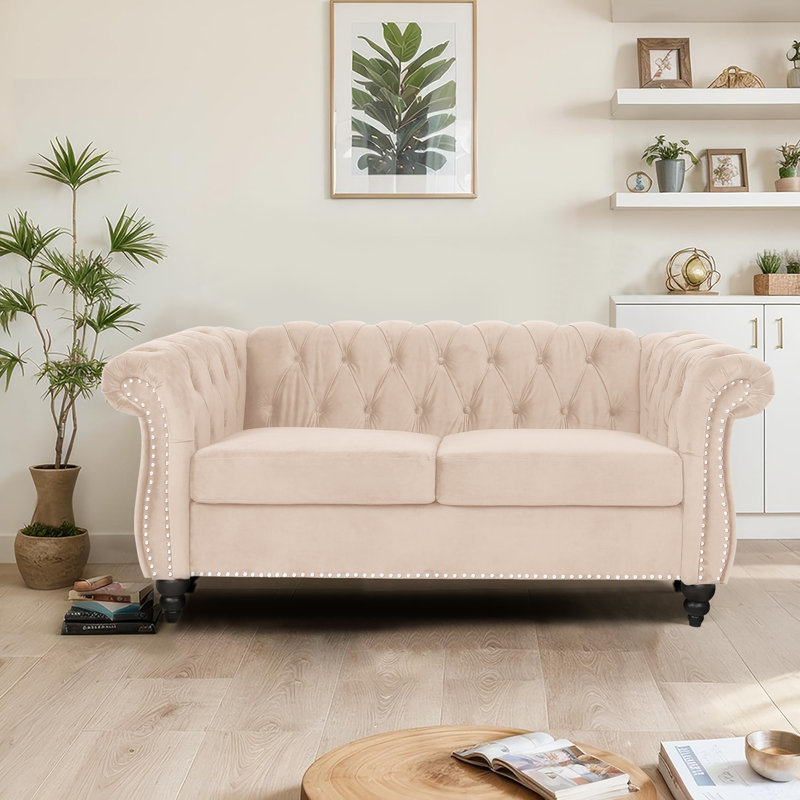 Johnette 62'' Velvet Rolled Arms Chesterfield Sofa, Beige Velvet